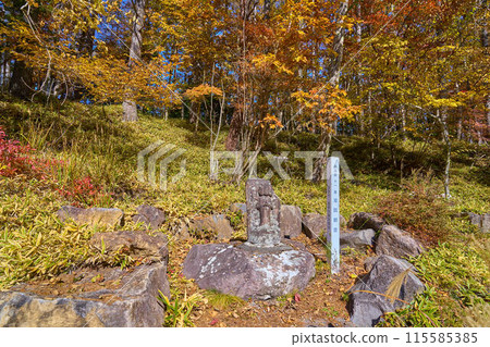 Shibu Onsen No. 11 Jutei Kannon, located across from Mishaka Pond in Toyohira, Chino City, Nagano Prefecture in autumn 115585385