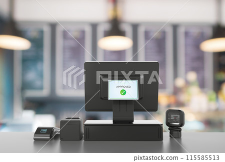 Point of sale system or cash register machine on desk Point of sale system or cash register machine on desk 115585513