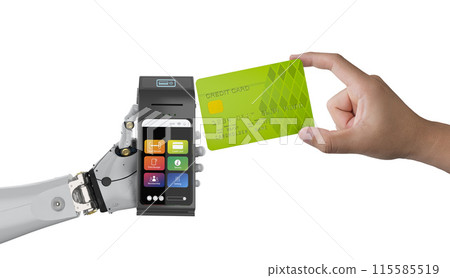 Cashless payment with robot hand holding credit card reader with credit card 115585519