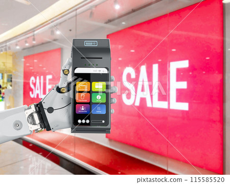 Cashless payment with 3d rendering robot hand holding credit card reader 115585520