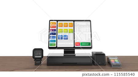 Point of sale system or cash register machine on desk Point of sale system or cash register machine on desk 115585540