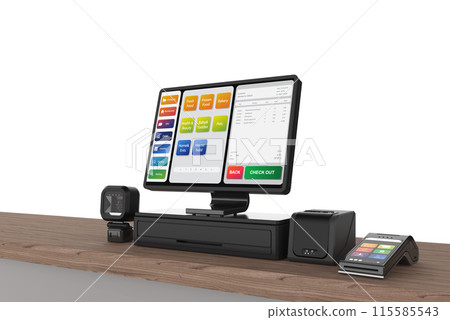 Point of sale system or cash register machine on desk 115585543