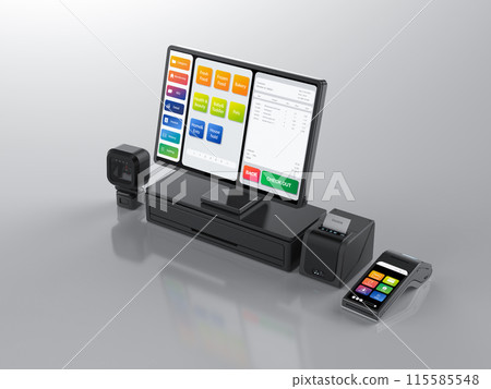 Point of sale system or cash register machine on desk Point of sale system or cash register machine on desk 115585548