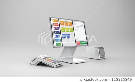 Point of sale system or cash register machine on desk Point of sale system or cash register machine on desk 115585549