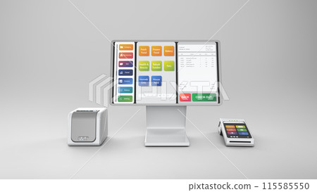 Point of sale system or cash register machine on desk 115585550