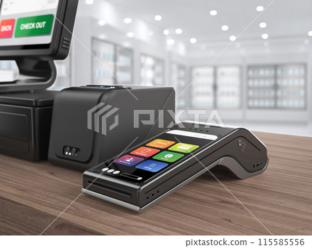 Point of sale system or cash register machine focus on credit card reader Point of sale system or cash register machine focus on credit card reader 115585556