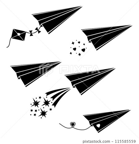 Set of paper airplanes black stencil, silhouette icon, isolated vector illustration on a white background Set of paper airplanes black stencil, silhouette icon, isolated vector illustration on a white background 115585559