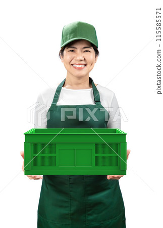 Asian seller wear green apron and cap smiling isolated on white Asian seller wear green apron and cap smiling isolated on white 115585571