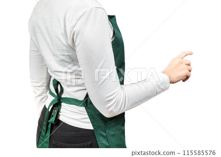 Asian seller wear green apron and cap smiling isolated on white 115585576
