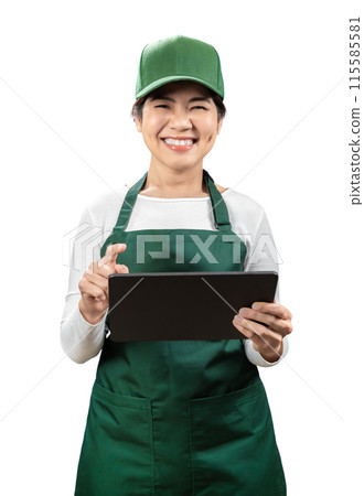Asian seller wear green apron and cap smiling isolated on white 115585581