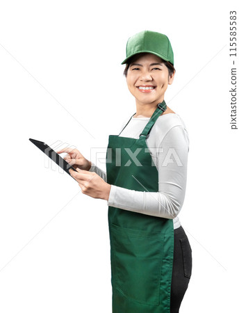 Asian seller wear green apron and cap smiling isolated on white 115585583
