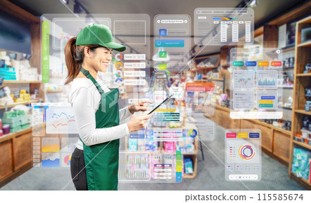 Asian seller wear green apron and cap smiling in retail store 115585674