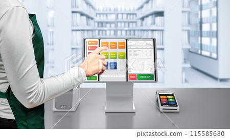 Touch screen point of sale system or cash register machine on desk with finger point Touch screen point of sale system or cash register machine on desk with finger point 115585680