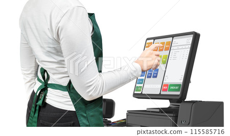 Touch screen point of sale system or cash register machine on desk with finger point 115585716