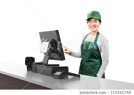 Active asian seller wear green uniform smiling with point of sale terminal or cashier desk 115585740