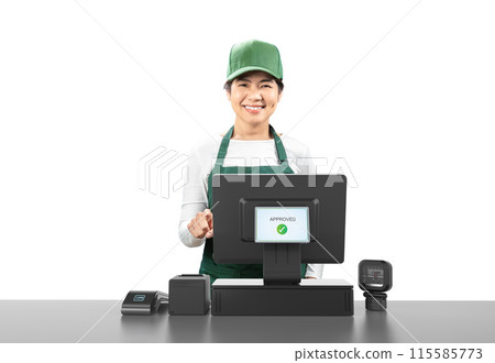 Active asian seller wear green uniform smiling with point of sale terminal or cashier desk 115585773