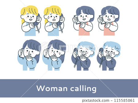 Illustration set of a woman having trouble making a phone call and a smiling woman 115585861