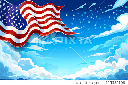 Illustration of American flag flowing against bright blue sky with fluffy clouds. In background with copy space in center, multiple smaller white stars scattered across sky, suggesting patriotic theme 115586108