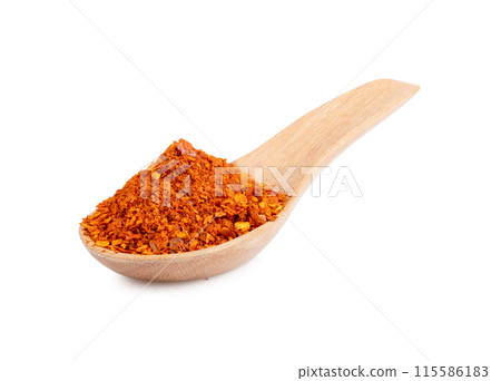 Cayenne pepper in spoon wooden on white background Cayenne pepper in spoon wooden on white background 115586183