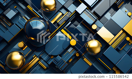 abstract background of 3D photorealistic gloss spheres and cuboid shapes in blue and yellow colors, neural network generated image abstract background of 3D photorealistic gloss spheres and cuboid shapes in blue and yellow colors, neural network generated image 115586542