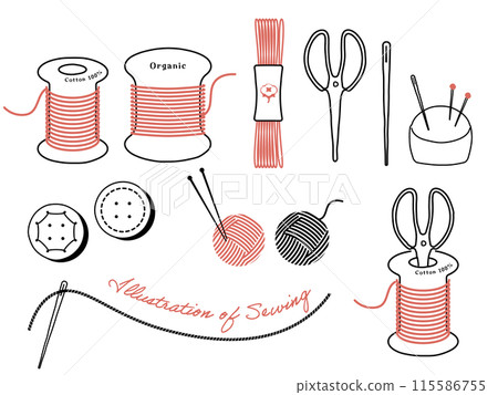 Handmade sewing tools illustration set - mostly editable lines. Handmade sewing tools illustration set - mostly editable lines. 115586755