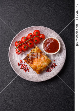 Delicious baked lasagna pasta with meat, sauce, salt, spices and herbs on a dark concrete background Delicious baked lasagna pasta with meat, sauce, salt, spices and herbs on a dark concrete background 115587137