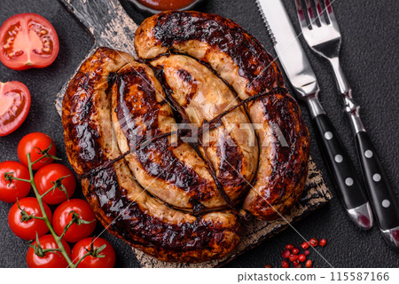 Delicious grilled sausage in the form of a ring with salt, spices 115587166