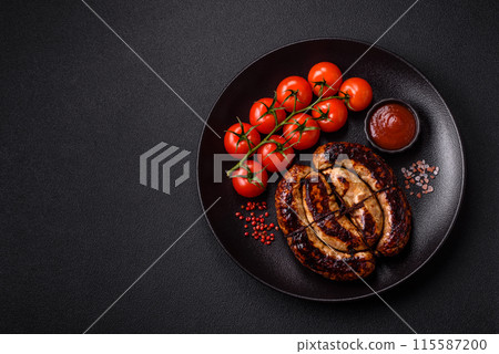 Delicious grilled sausage in the form of a ring with salt, spices Delicious grilled sausage in the form of a ring with salt, spices 115587200