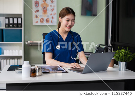 Medicine doctor hand working with modern digital tablet computer interface as medical network concept. 115587440