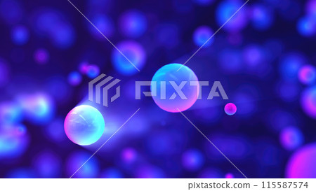 Abstract purple glowing background with flying balls circles atoms molecules particles energy bubbles 115587574
