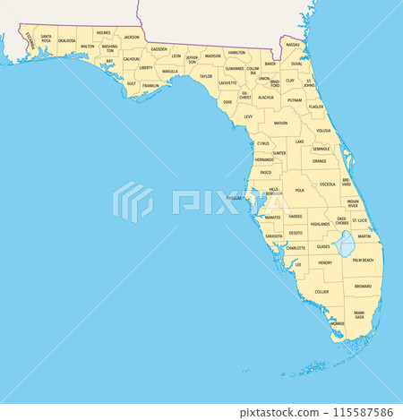 Florida state counties, political map. Florida, a state in the Southeastern region of the United States, subdivided into 67 counties. Map with boundaries and county names. Illustration. Vector Florida state counties, political map. Florida, a state in the Southeastern region of the United States, subdivided into 67 counties. Map with boundaries and county names. Illustration. Vector 115587586