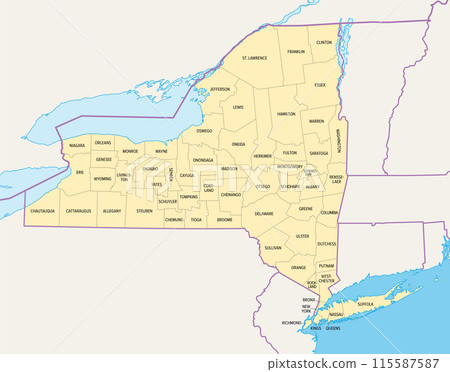New York State counties, political map. New York, a state of the Northeastern United States, one of the Mid-Atlantic states, is subdivided into 62 counties. Map with boundaries and county names. 115587587