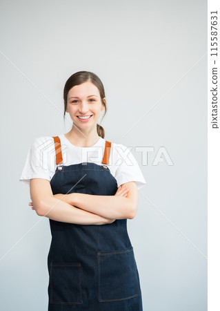 Happy young woman presenting or pointing, Woman start up online seller owner, isolated on white background. Happy young woman presenting or pointing, Woman start up online seller owner, isolated on white background. 115587631