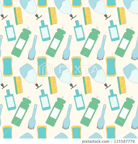 Seamless pattern cleaning service. Tools for clean your room repeat background. Sponges, brushes and cleaners bottles endless backdrop. Vector line art flat illustration. 115587778