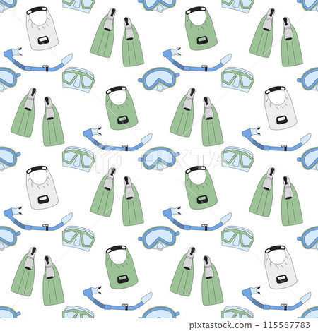 Diving equipment seamless pattern. Snorkeling endless background. Scuba dive and underwater swimming cover. Vector flat line art illustration. 115587783