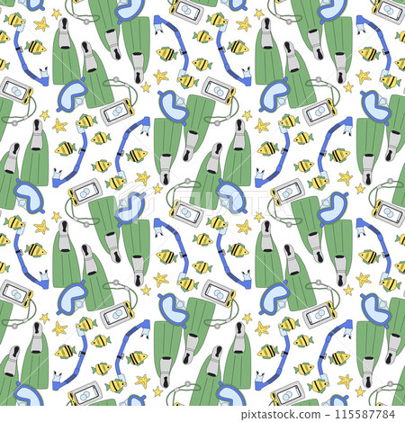 Diving seamless pattern. Snorkeling endless background. Scuba dive and underwater swimming cover. Flippers, mask and fishes. Vector outline flat illustration. 115587784