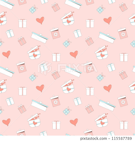 Presents seamless pattern. Holiday gifts and presents celebration endless background. Vector hand drawn flat illustration. 115587789