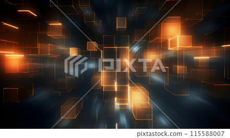 Abstract background of glowing amber cuboids, neural network generated image 115588007