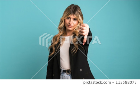 Dissatisfied transgender businesswoman looking at camera and showing thumbs down 115588075