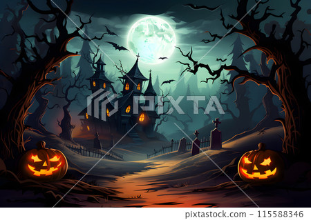 In the moonlit Halloween night, a haunted house stood with JackOLanterns casting an eerie glow 115588346