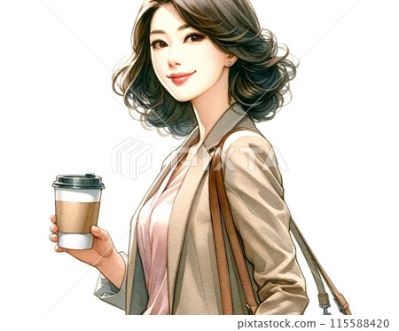 拿著咖啡杯回頭看的女人，上班族在上班的路上 [AI 生成圖像] 115588420