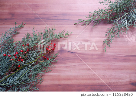 Christmas wreath placed on wood background, Christmas green decoration background Christmas wreath placed on wood background, Christmas green decoration background 115588480