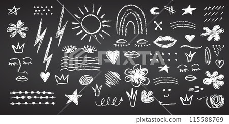 Charcoal pencil hand drawing curly groovy shapes, splash and squiggles. White chalk elements on black chalkboard Grunge chalk crayon scribbles doodles texture Rough crayon stroke Vector illustration 115588769