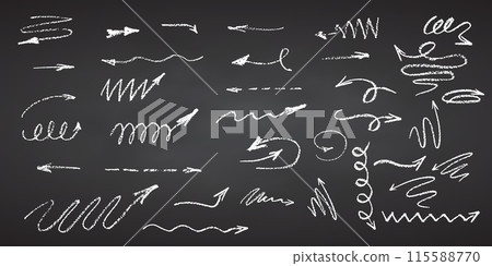 Charcoal pencil hand drawing curly arrows Swishes, swashes, swoops, swooshes, scribbles and squiggles White chalk elements on chalkboard Grunge chalk crayon doodles texture strokes Vector illustration 115588770