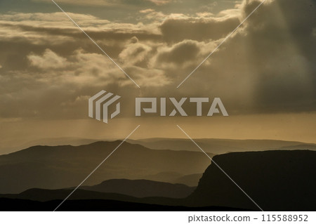 ireland bog land cloudy valley  115588952