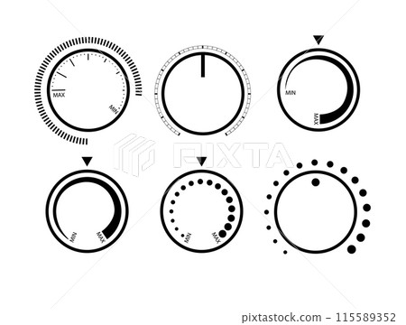 Adjustment dial. Rotary dials with round scale volume level knob and round controller Adjustment dial. Rotary dials with round scale volume level knob and round controller 115589352