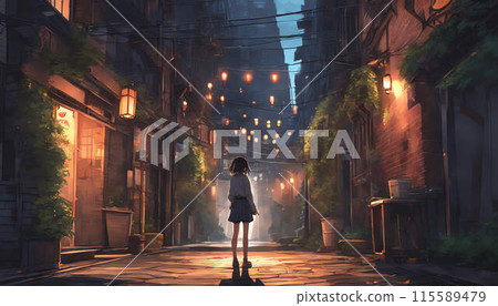 A girl stops to look at the warm street lights 115589479