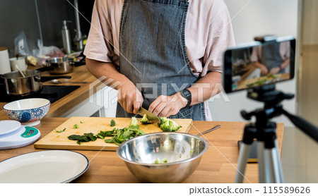 The chef is broadcasting live from workshop how to prepare a vegetarian lentils soup The chef is broadcasting live from workshop how to prepare a vegetarian lentils soup 115589626