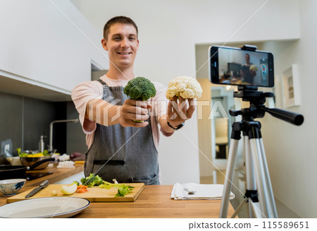 The chef is broadcasting live from workshop how to prepare a vegetarian lentils soup The chef is broadcasting live from workshop how to prepare a vegetarian lentils soup 115589651