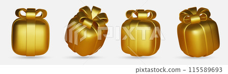 3d gift boxes set with gold ribbon bow isolated on a white background. 3d render flying modern holiday closed surprise box. Realistic vector icon for present, birthday banners 115589693